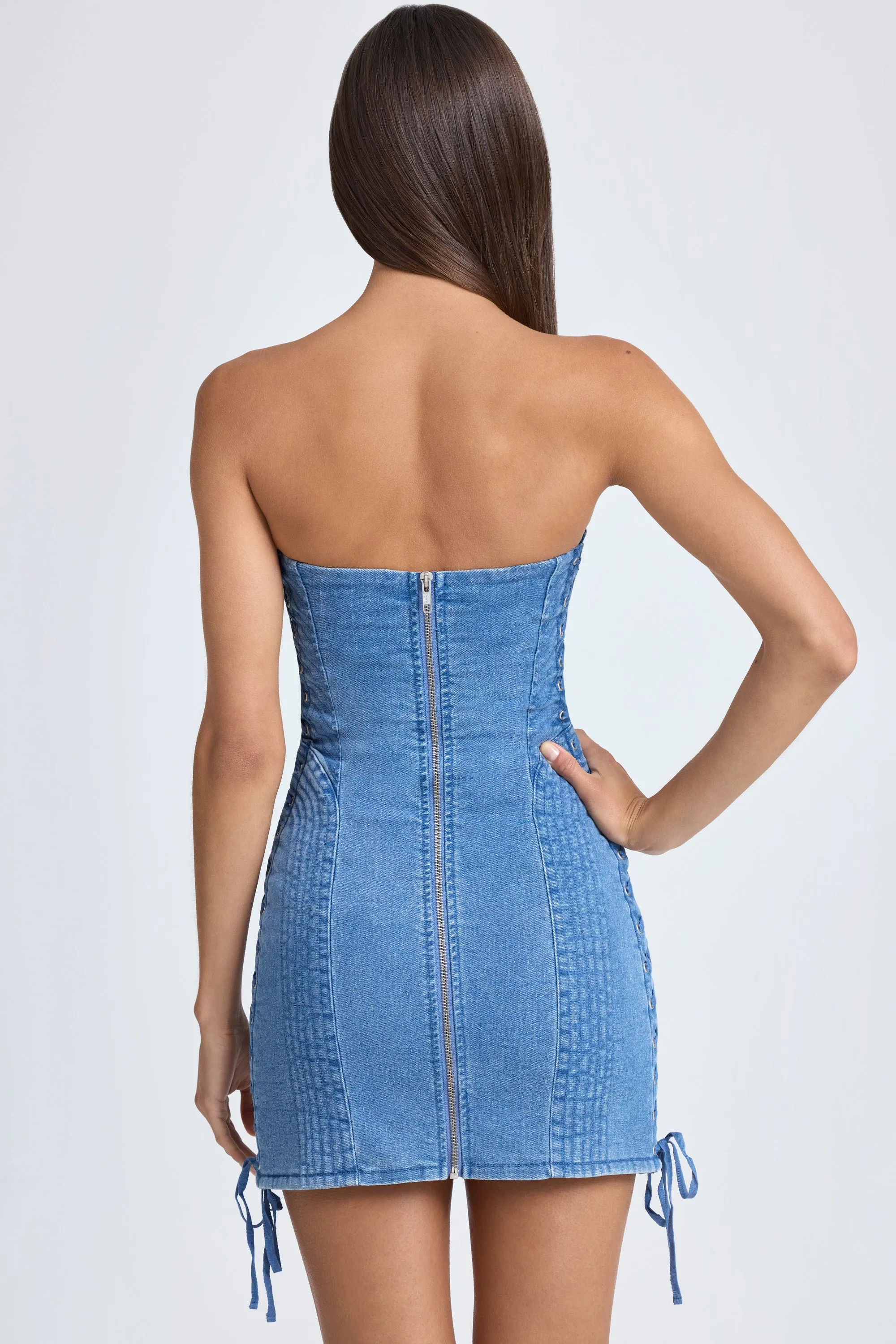 Bohemian wear Urban Style Wear Bandeau Lace-Up Mini Dress in Mid Blue Stonewash