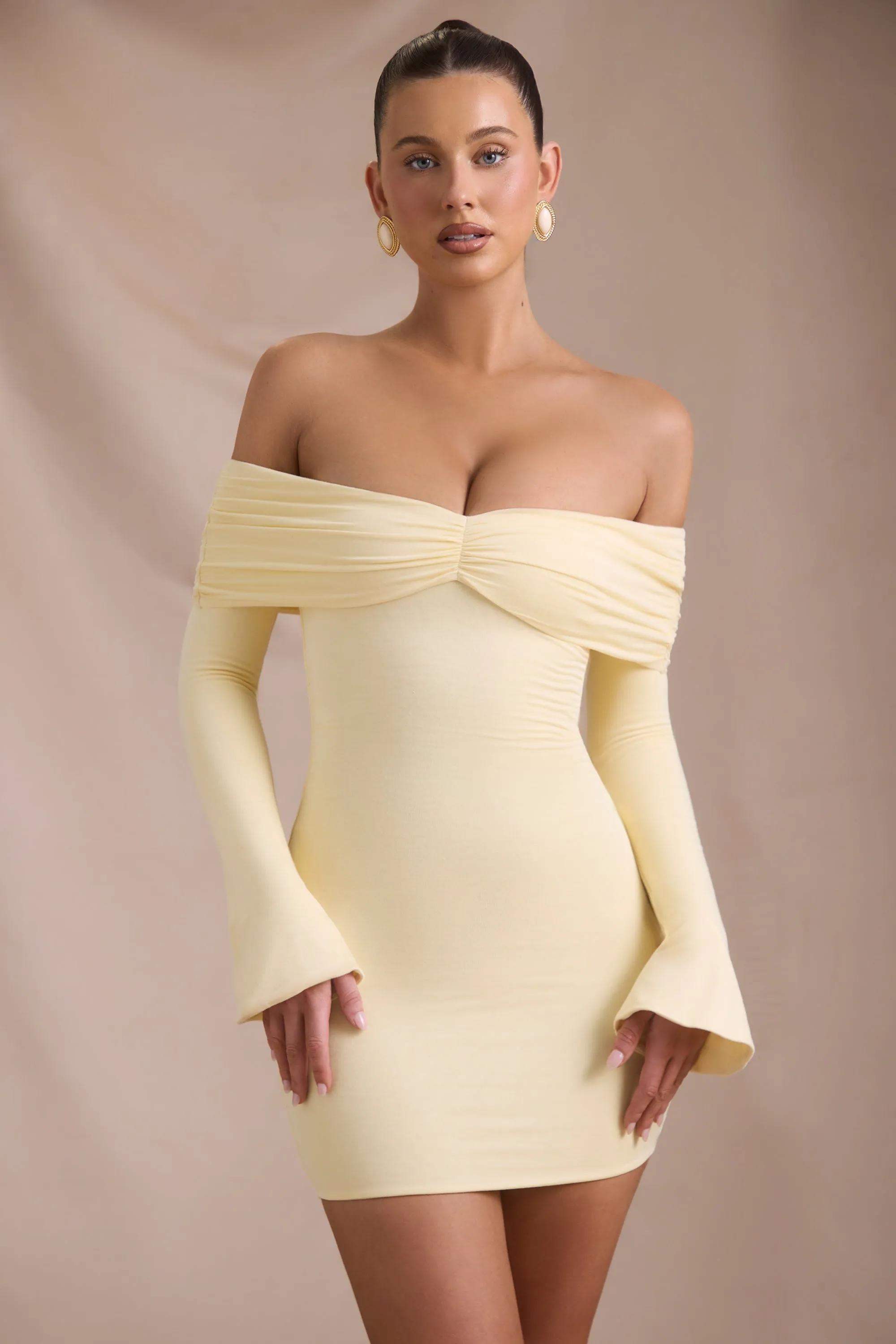 Modal-Cashmere Blend Off-Shoulder Ruched Mini Dress in Butter Yellow Fun casual mini