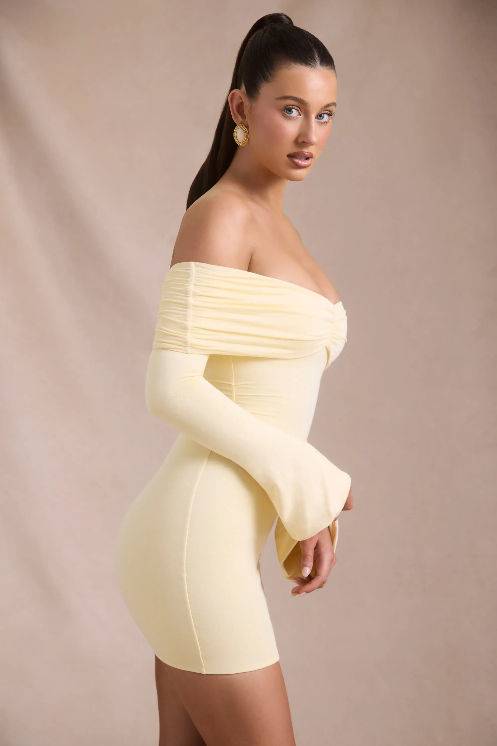 Modal-Cashmere Blend Off-Shoulder Ruched Mini Dress in Butter Yellow Night Rush