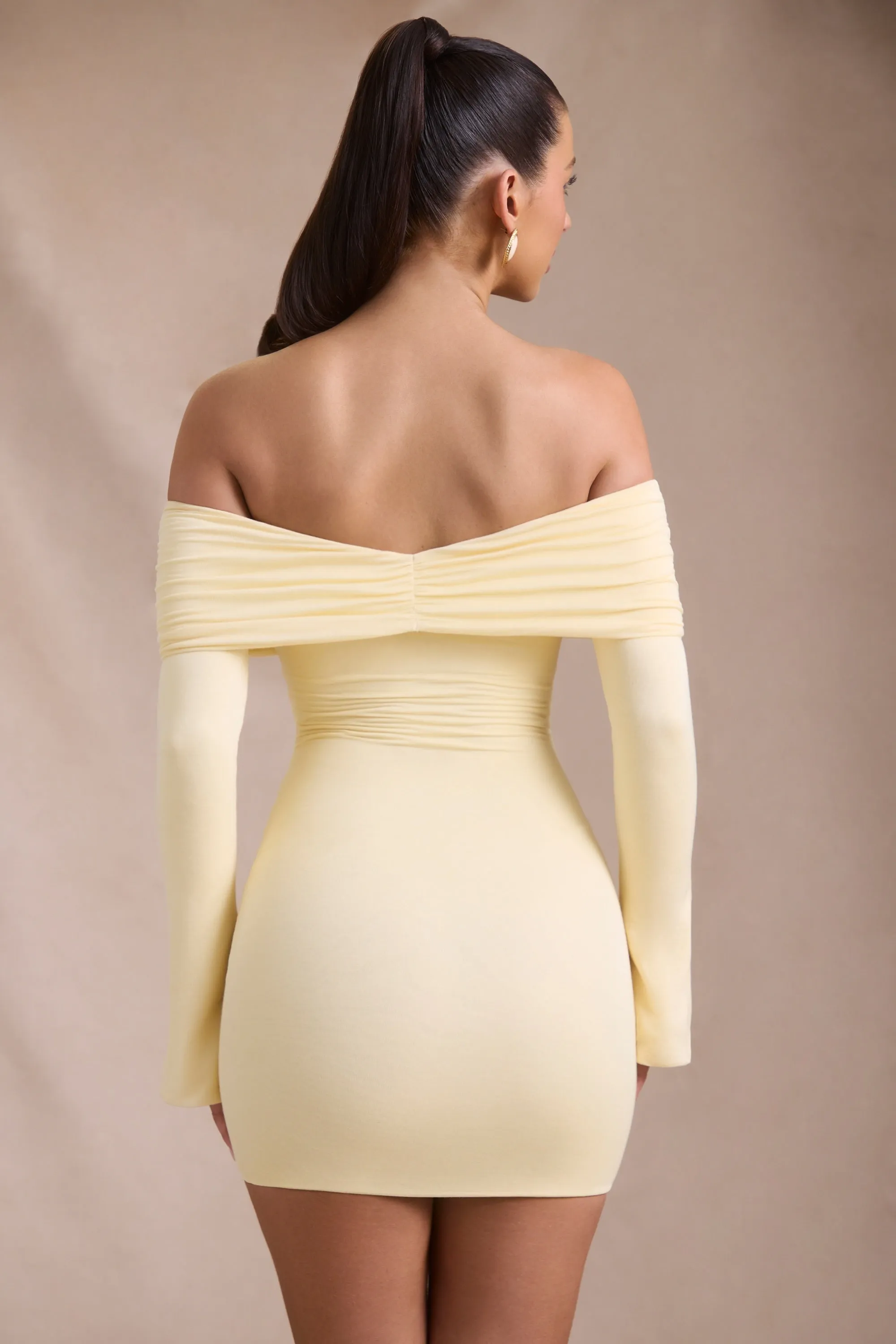 Modal-Cashmere Blend Off-Shoulder Ruched Mini Dress in Butter Yellow Effortless Chic Wear Trend Warm