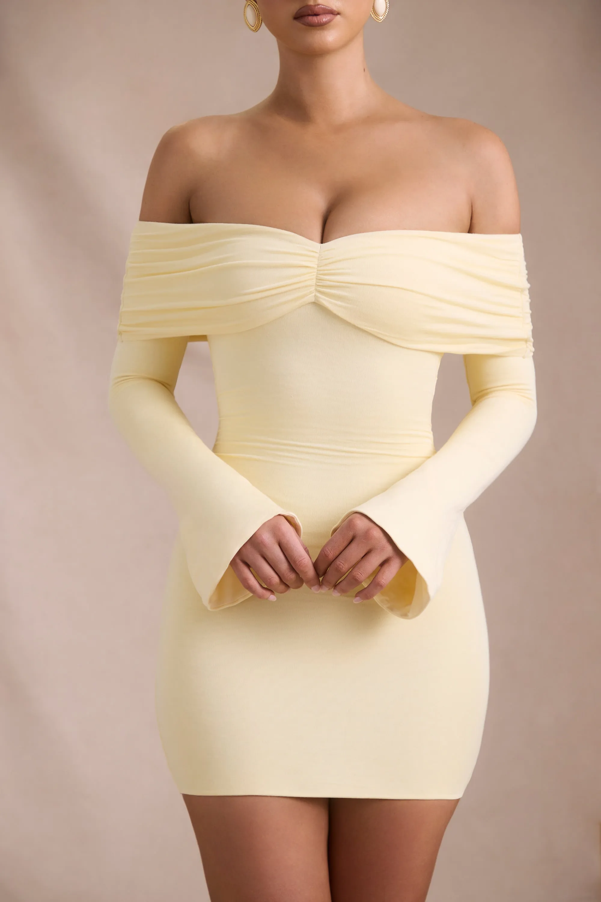 Modal-Cashmere Blend Off-Shoulder Ruched Mini Dress in Butter Yellow Non Irritating Tags