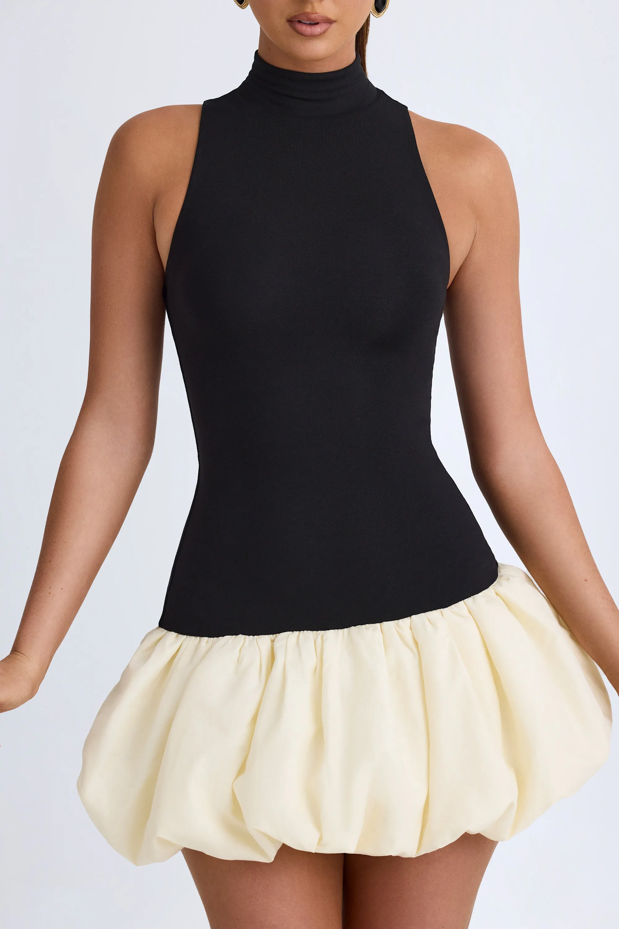 Festival Core Turtleneck Drop-Waist Bubble Hem Mini Dress in Black