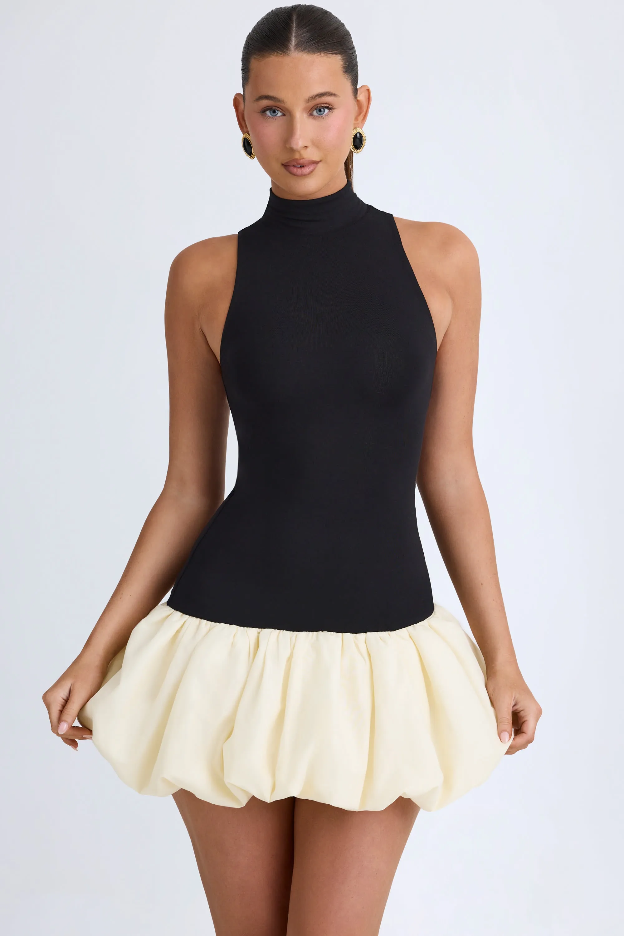 Turtleneck Drop-Waist Bubble Hem Mini Dress in Black Trend Ride Hot Style