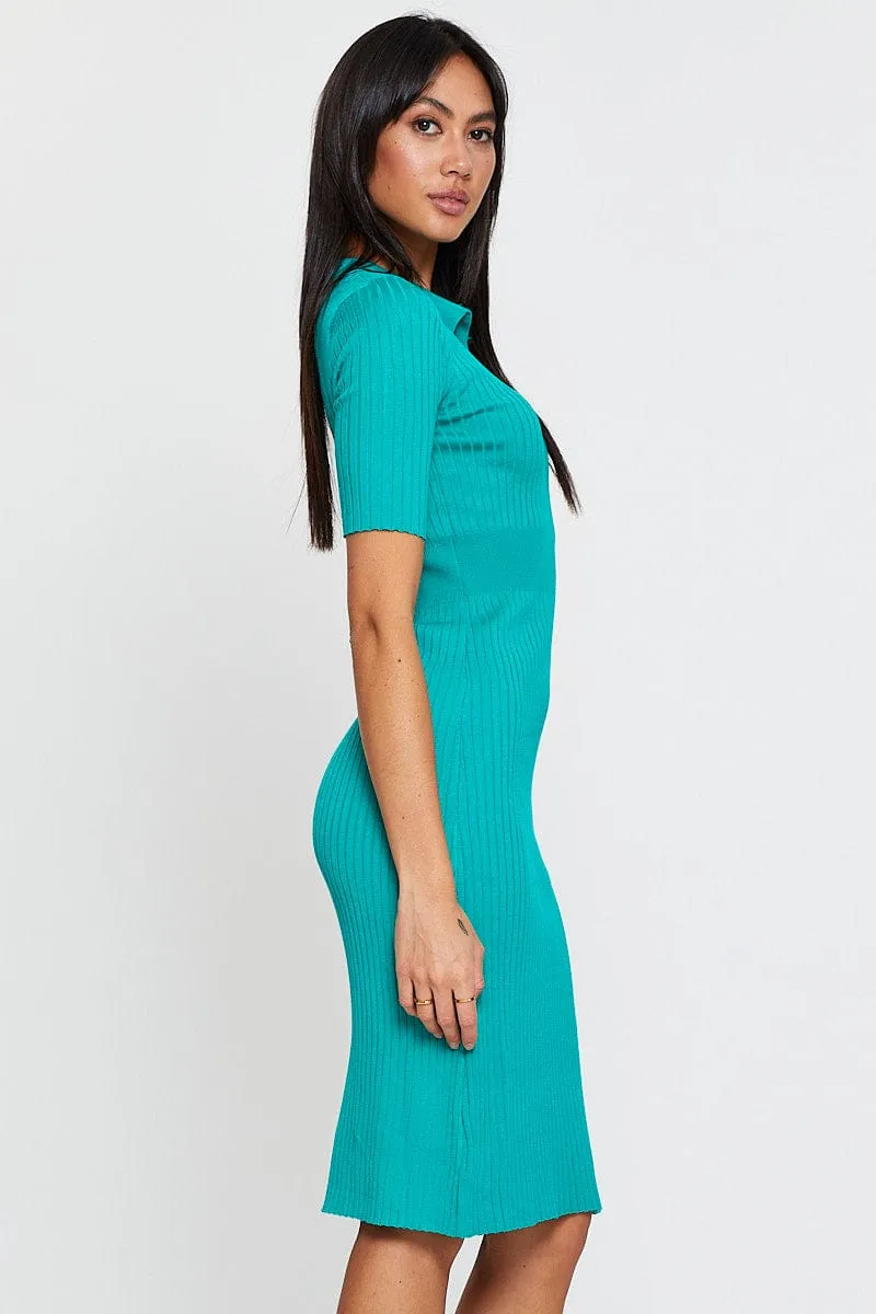 Green Dress Short Sleeve Midi Collared Knit Velvet Smooth