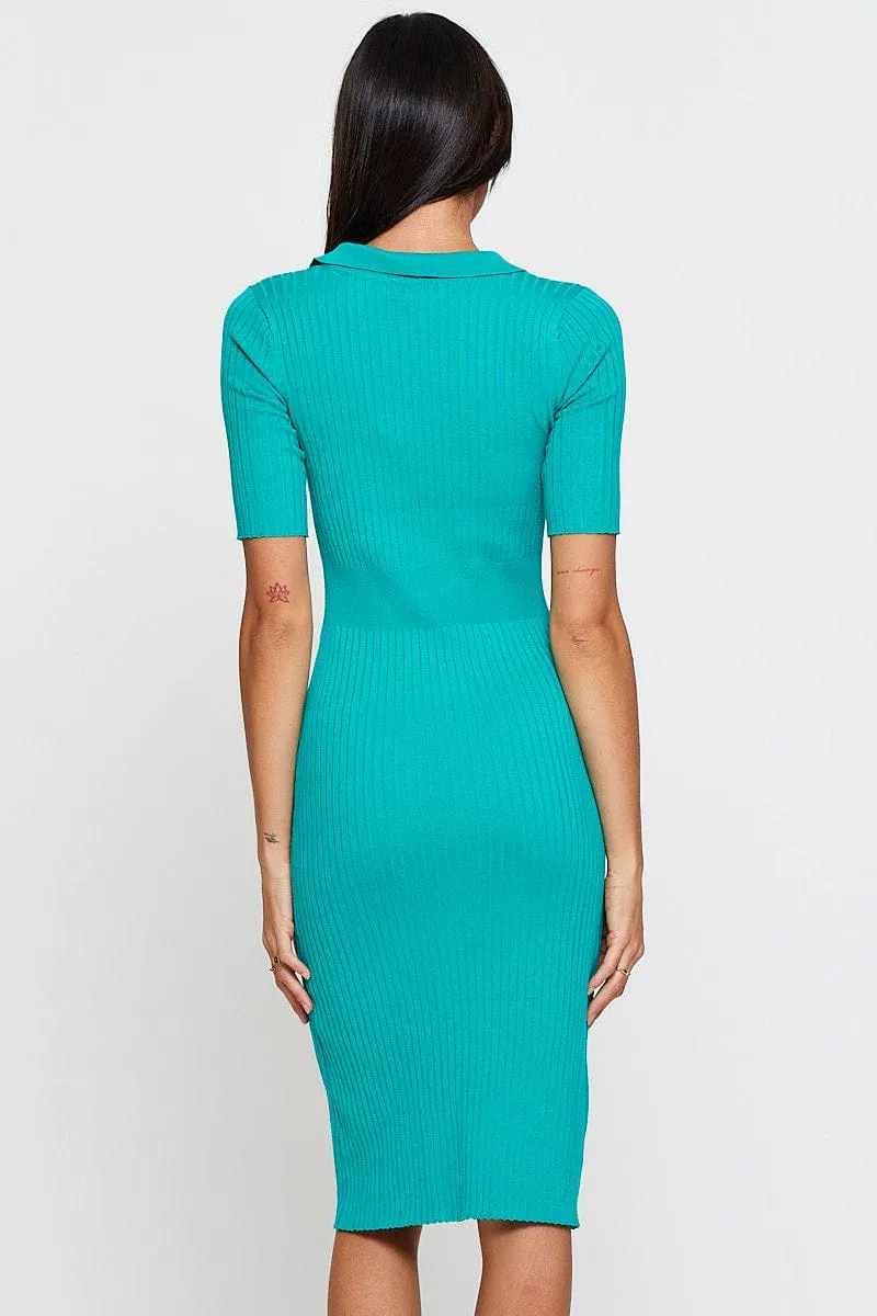 Green Dress Short Sleeve Midi Collared Knit Chiffon Air