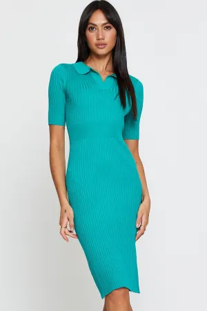 Shadow Play Green Dress Short Sleeve Midi Collared Knit
