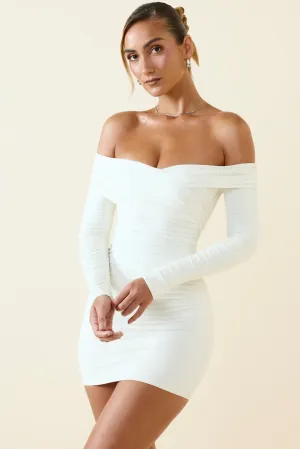 Off-Shoulder Ruched Bodycon Mini Dress in Vanilla Bright patterned mini for spring Chic Outfit