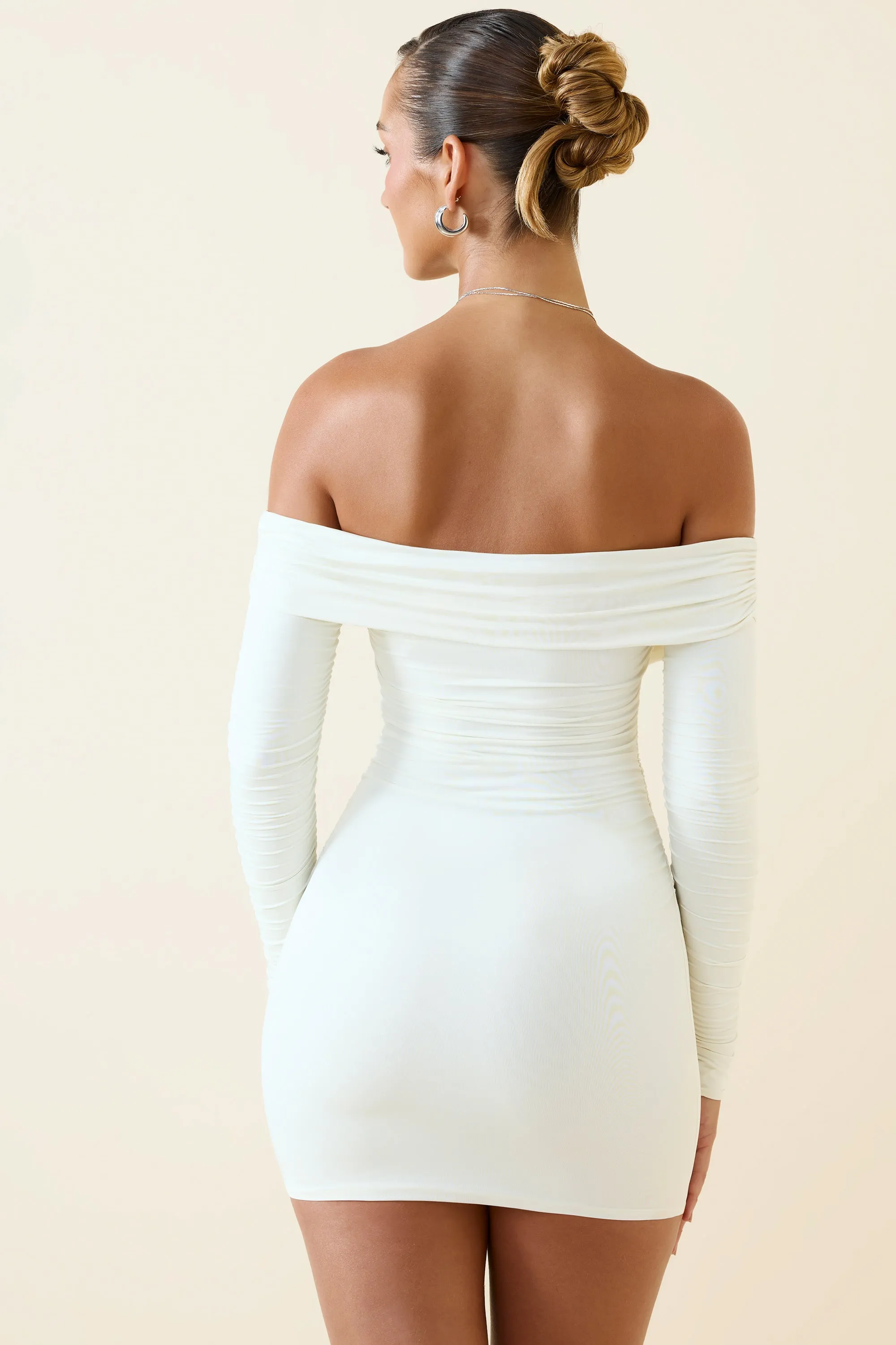 Casual Design Comfy Design Off-Shoulder Ruched Bodycon Mini Dress in Vanilla