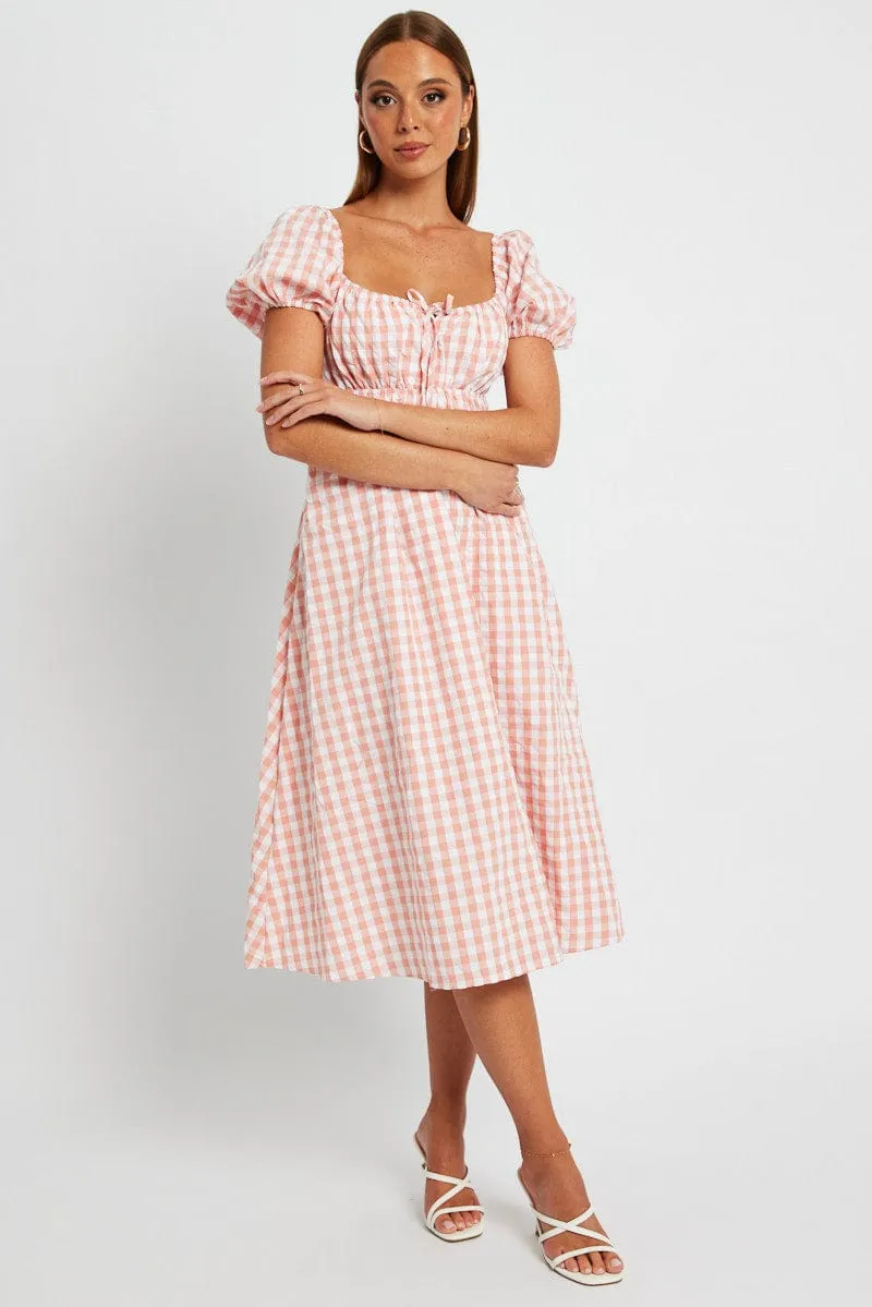 Pink Check Midi Dress Short Sleeve Ruched Bust Weekend Brunch