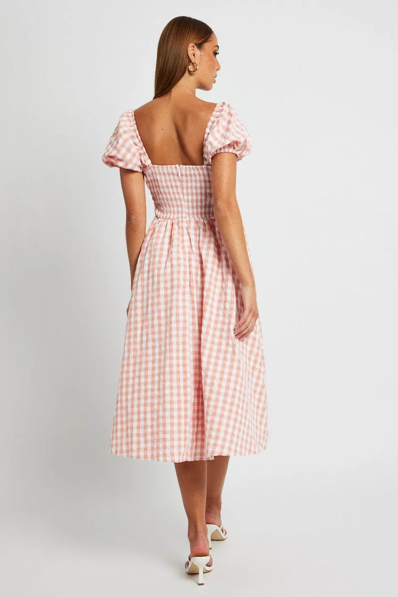 Pink Check Midi Dress Short Sleeve Ruched Bust Joyful Self Versatile event piece
