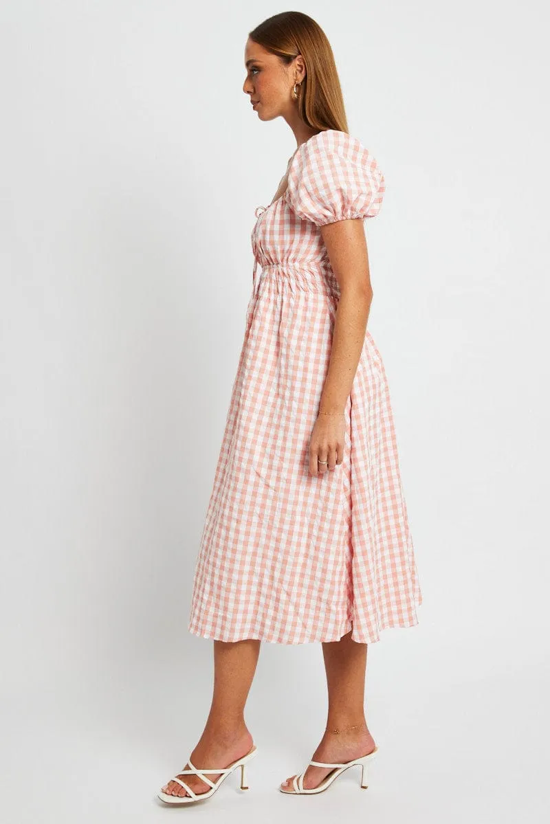 Pink Check Midi Dress Short Sleeve Ruched Bust Comet Tail Feminine Appeal