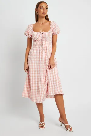 Fresh Shore Pink Check Midi Dress Short Sleeve Ruched Bust