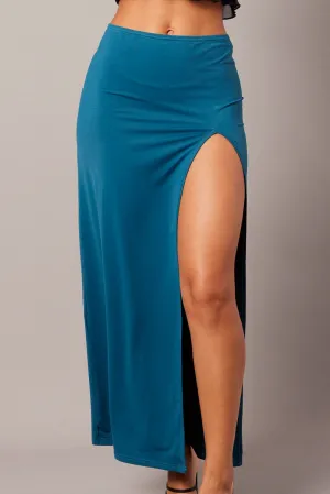 Convertible Length Gentle Vibe Blue Maxi Skirt Mid Rise Split Nylon