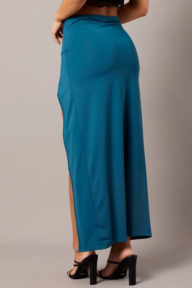 Festival Outfit Clean Lines Blue Maxi Skirt Mid Rise Split Nylon