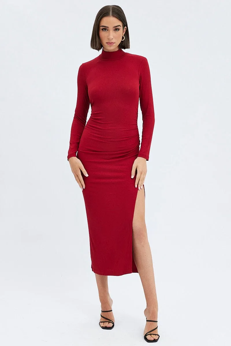 Cherry Grove Red Midi Dress Long Sleeve High Neck Rib Jersey