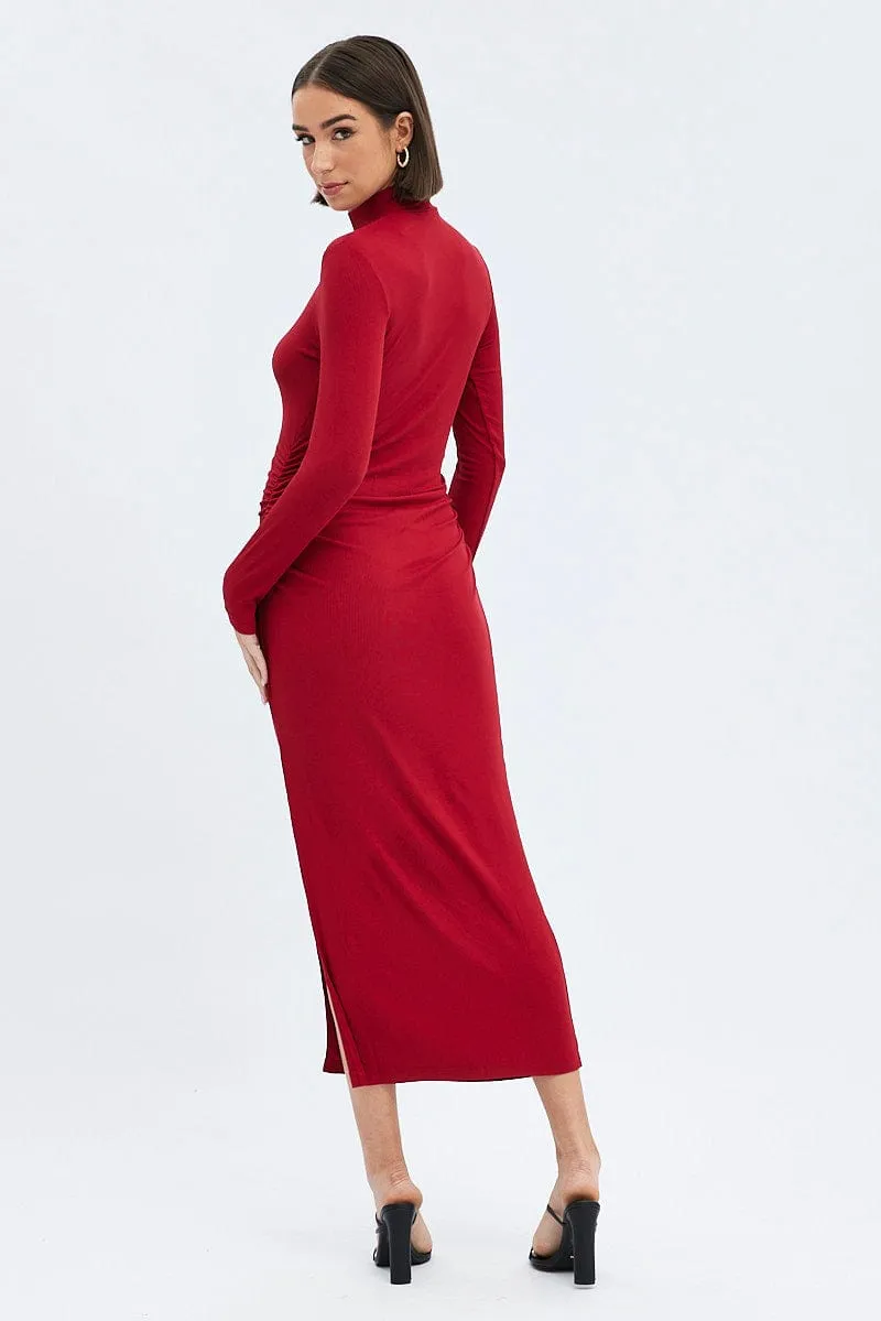 Flowy mid-length piece Red Midi Dress Long Sleeve High Neck Rib Jersey