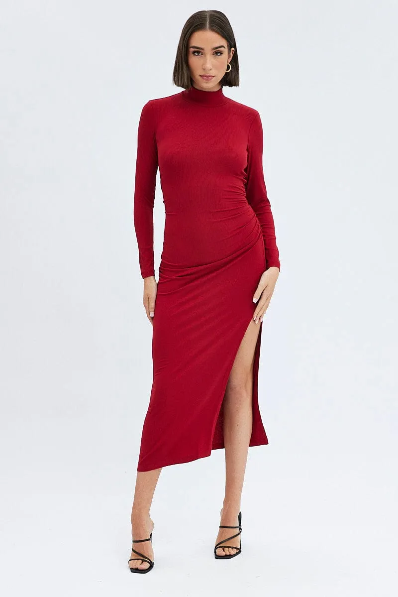 Red Midi Dress Long Sleeve High Neck Rib Jersey Wind Song