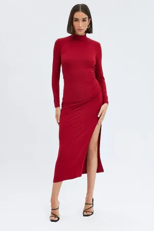 Red Midi Dress Long Sleeve High Neck Rib Jersey Wind Song