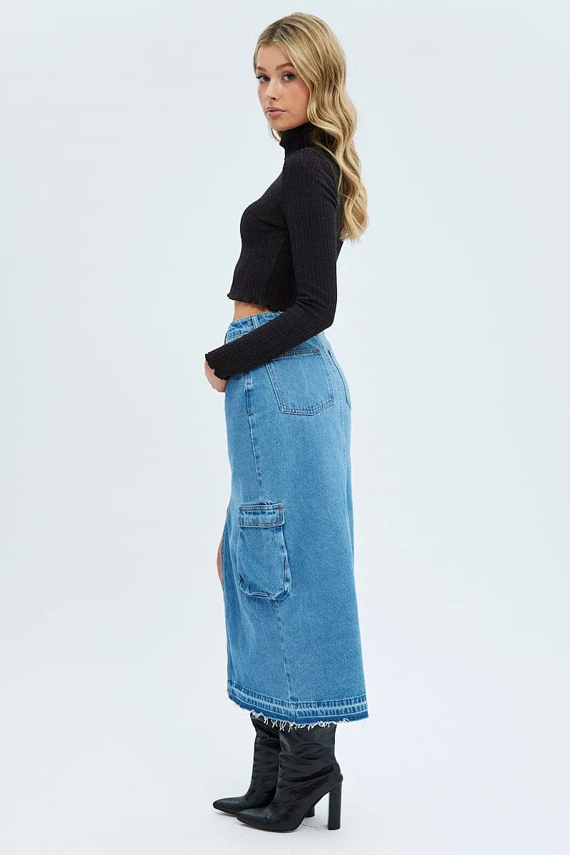Blue Denim Maxi Skirt Cargo Quiet Style Smooth Motion
