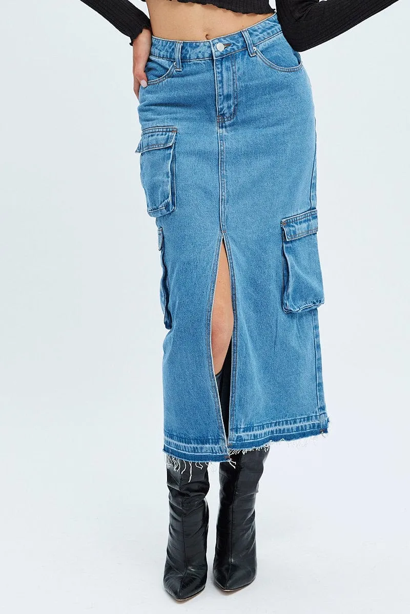 Blue Denim Maxi Skirt Cargo Ultra Comfort Wardrobe Hero