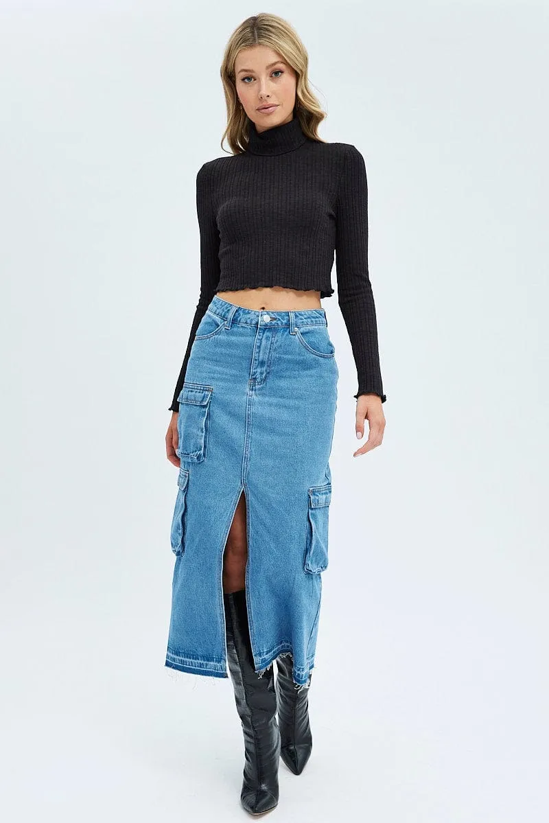 Blue Denim Maxi Skirt Cargo Polka Dot