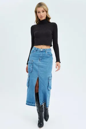 Blue Denim Maxi Skirt Cargo Polka Dot
