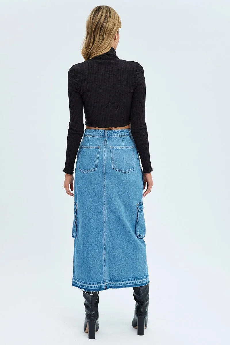 Day To Night Everyday Line Blue Denim Maxi Skirt Cargo