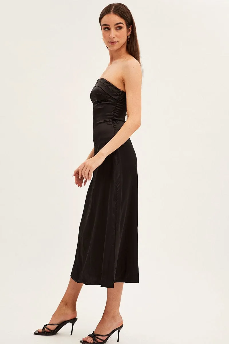 Black Satin Straight Midi Dress Comfortable daytime dress Soft Texture