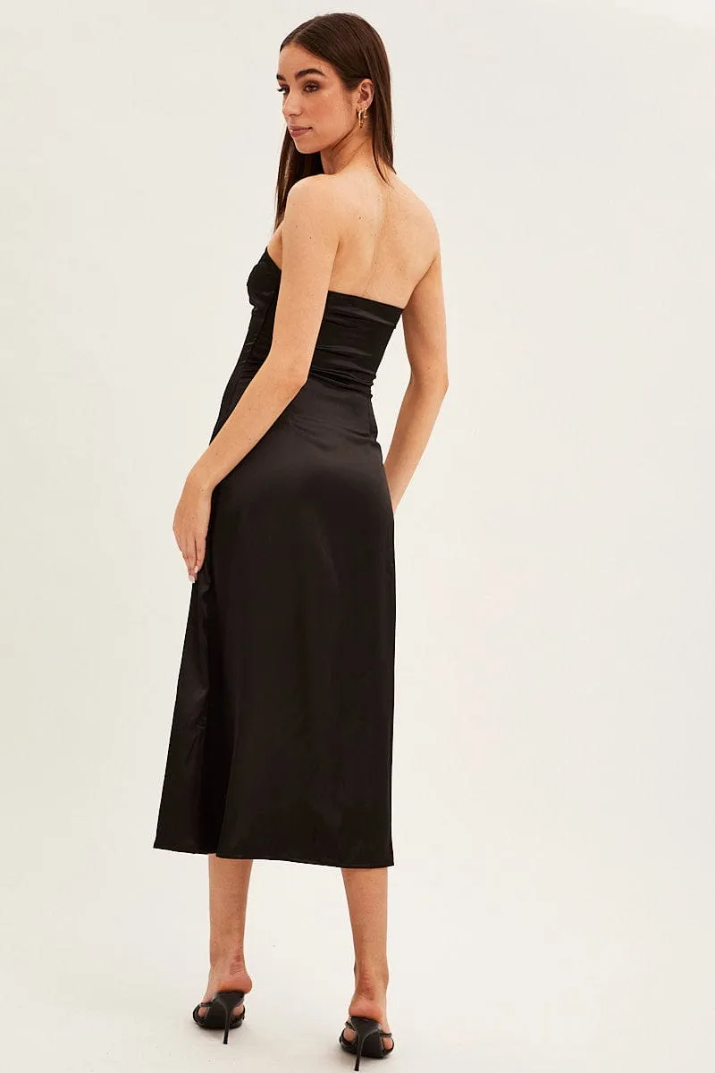 Black Satin Straight Midi Dress Sophisticated Look