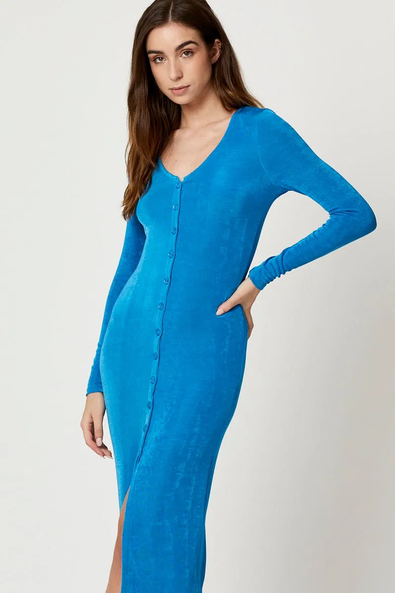 Blue Button Front Slinky Midi Dress Season Flow Korean Vibe