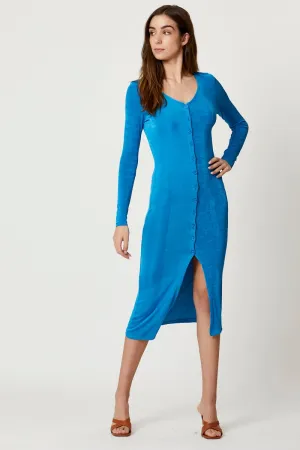 Blue Button Front Slinky Midi Dress Classic Cool