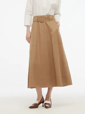 Chill Tones premium fabric 100% Worsted Wool Gathered Waist Women Flared Skirt With Belt