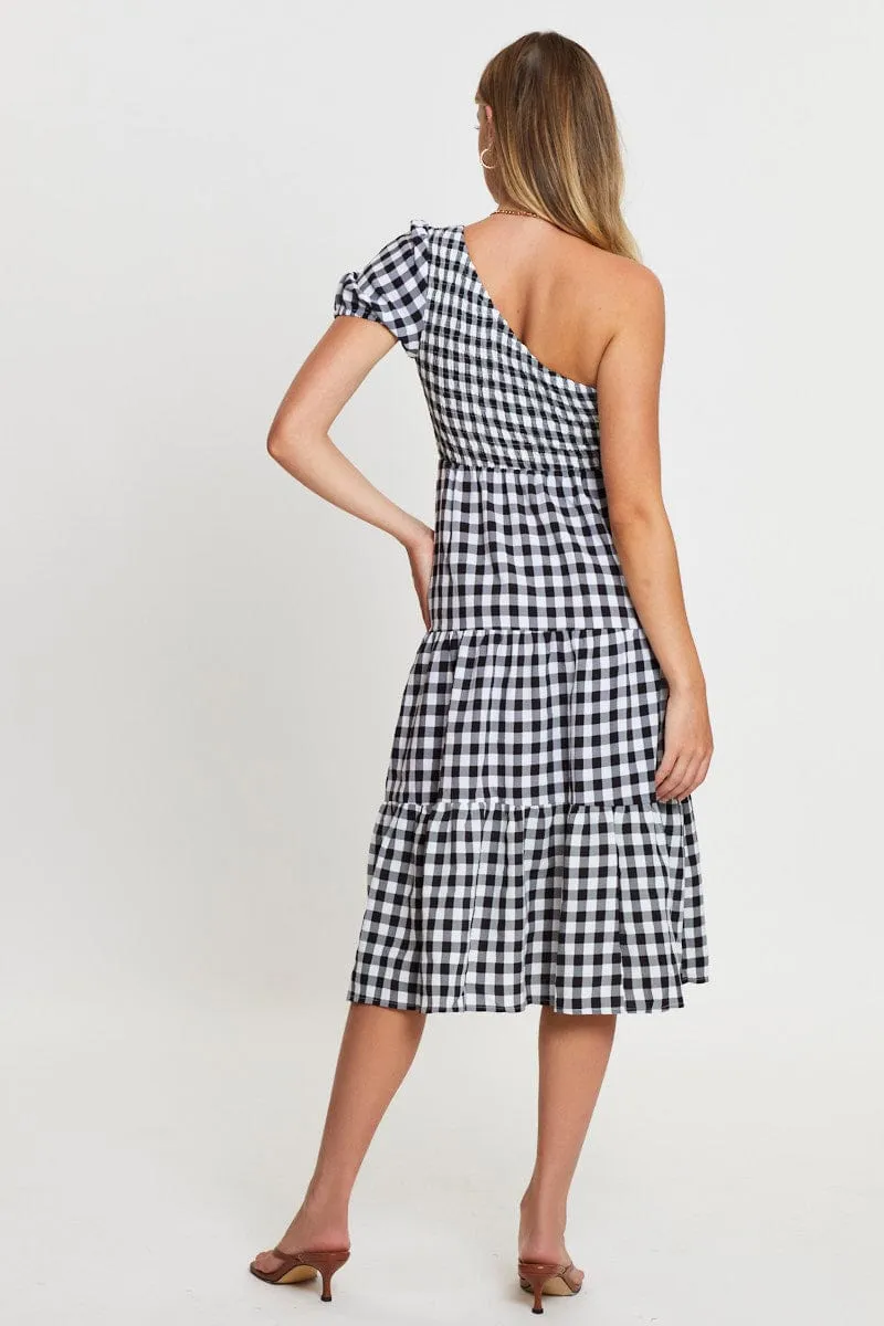 Smart Design Contemporary Fashion Check Midi Dress One Shoulder Short Sleeve
