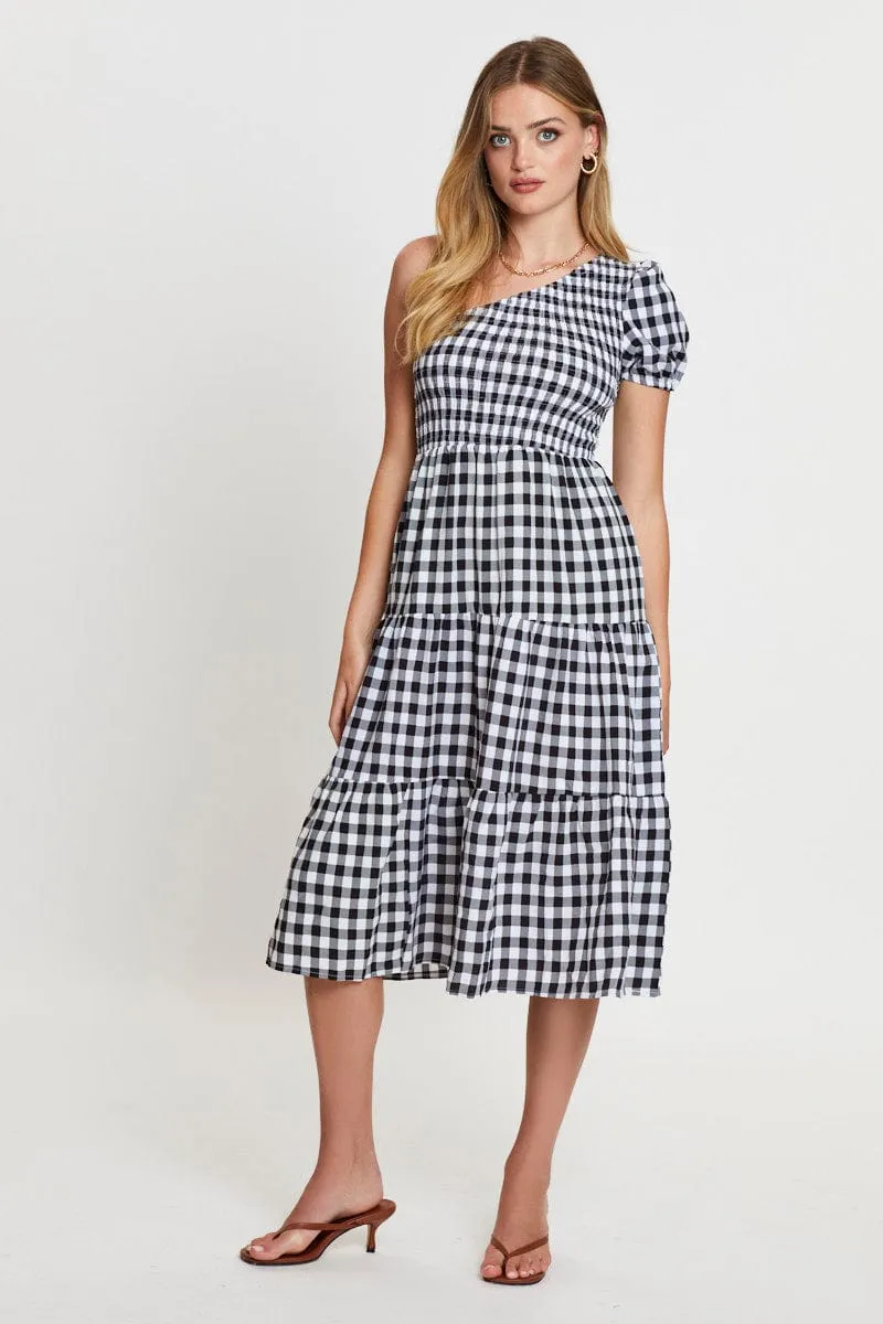 Check Midi Dress One Shoulder Short Sleeve Sleek Comfort Garden Stroll