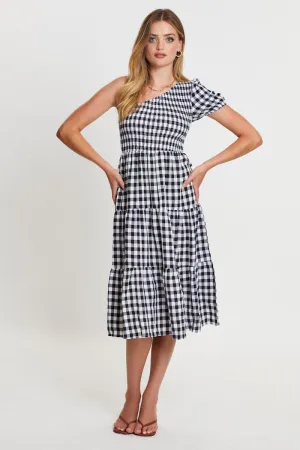 Check Midi Dress One Shoulder Short Sleeve Subtle Elegance