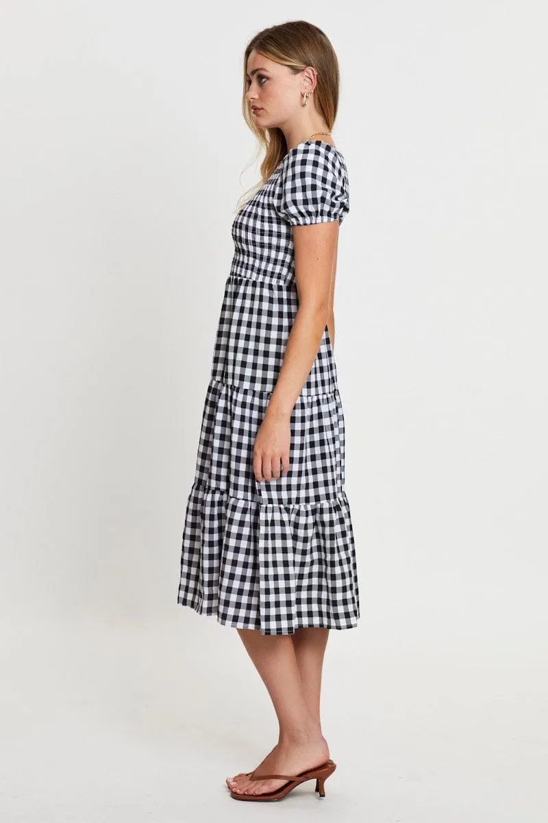 Seasonal Fashion Check Midi Dress One Shoulder Short Sleeve