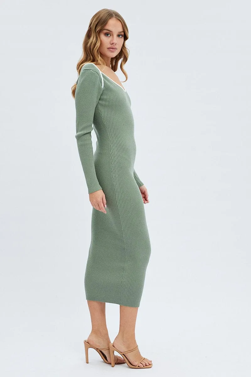 Green Midi Dress Long Sleeve Sweetheart Contrast Bind american casual