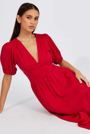 Red Midi Dress Puff Sleeve Jade Glow Seasonal Wardrobe