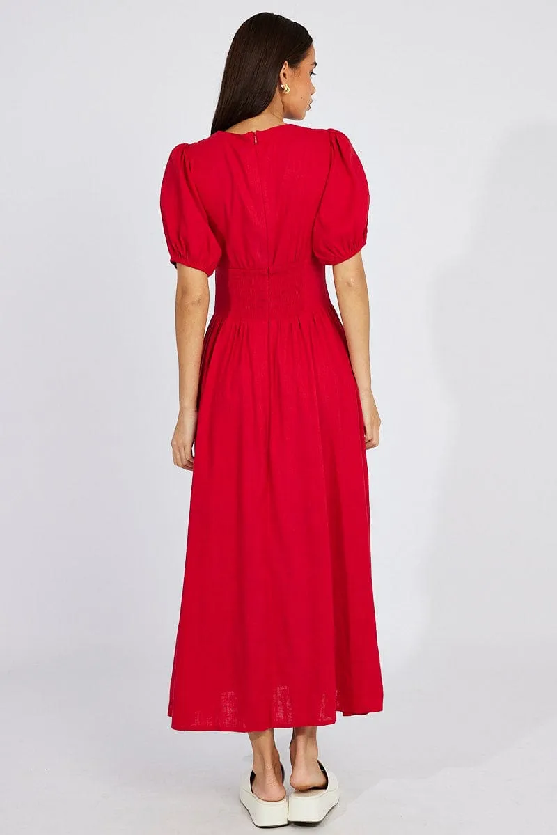 Red Midi Dress Puff Sleeve Dinner Hall
