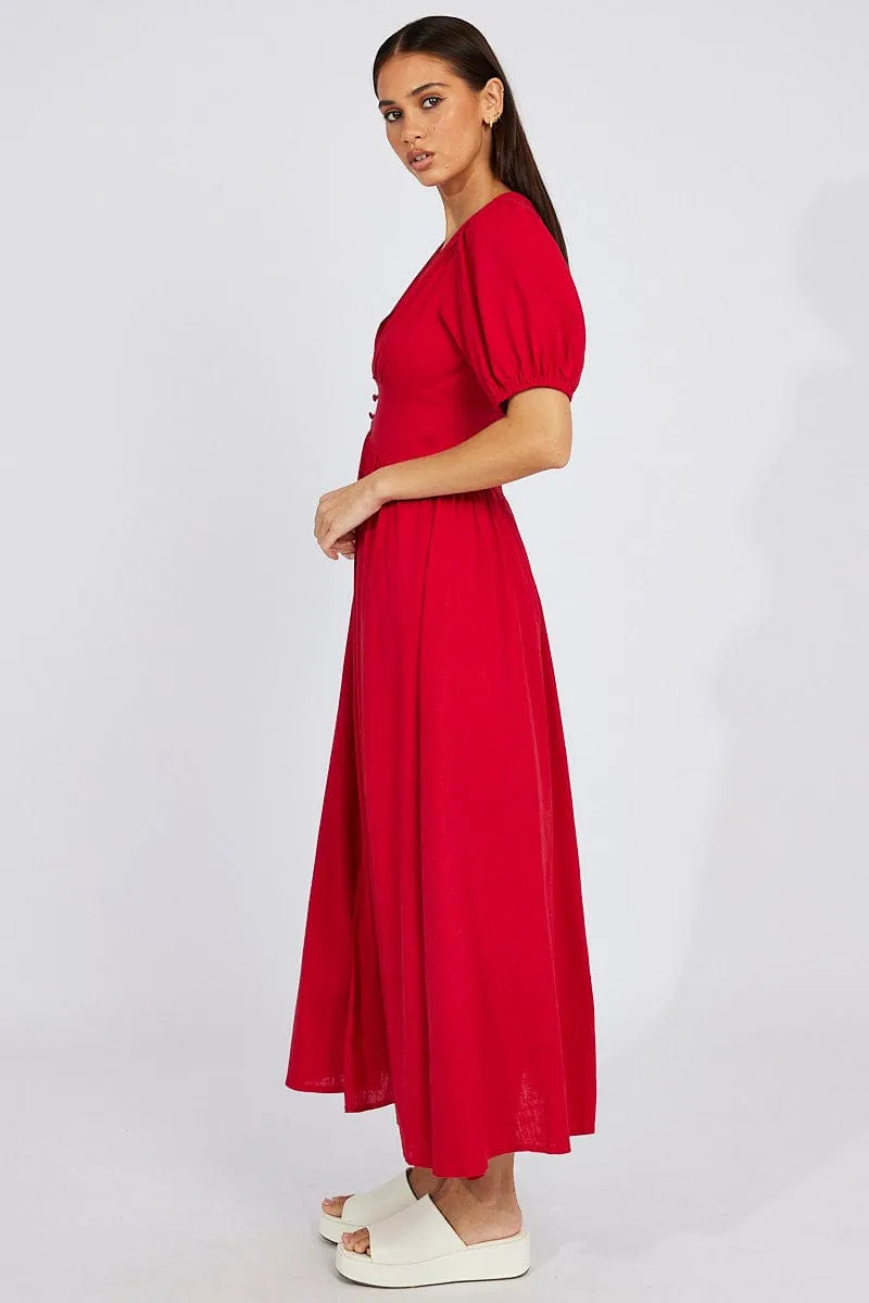 Red Midi Dress Puff Sleeve Sleek Fashion