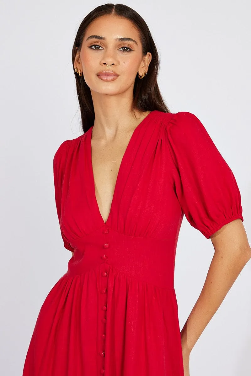 Taxi Line Polished Design Red Midi Dress Puff Sleeve