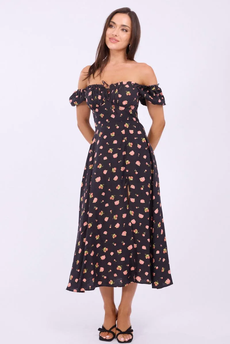 Black Ditsy Midi Dress Puff Sleeve Elegant fit for formal occasions Stylish springtime wear