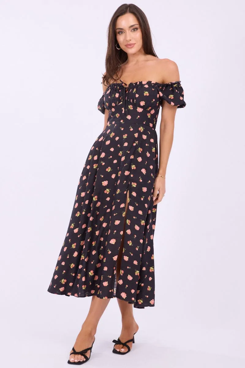Graceful Flow Comfy Elegance Black Ditsy Midi Dress Puff Sleeve