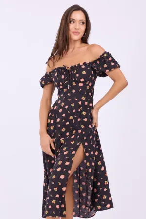 Confident Girl Black Ditsy Midi Dress Puff Sleeve