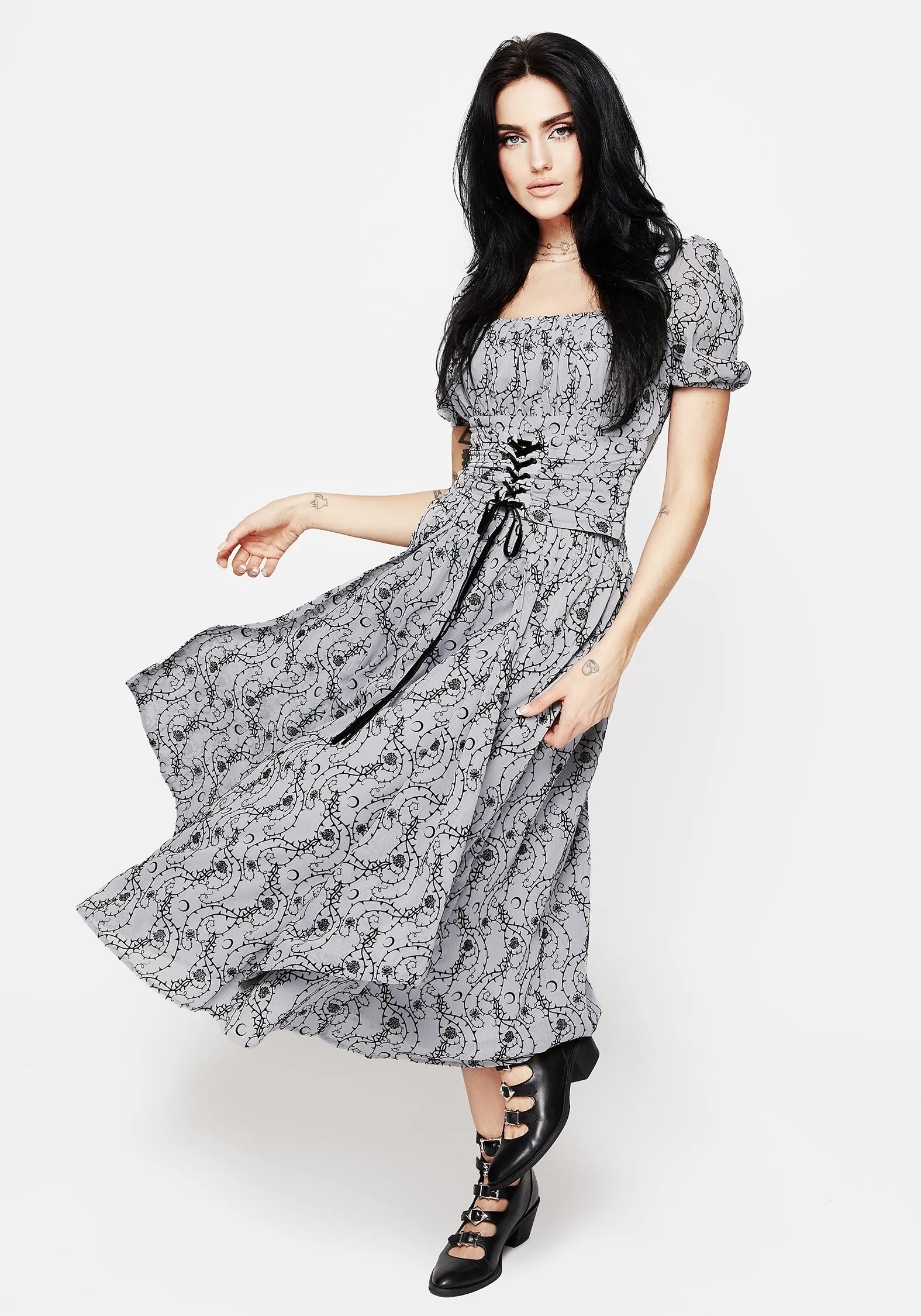 Rosethorn Flocked Velour Chiffon Ruffle Midi Skirt - Blue Tropical theme Waist Defining