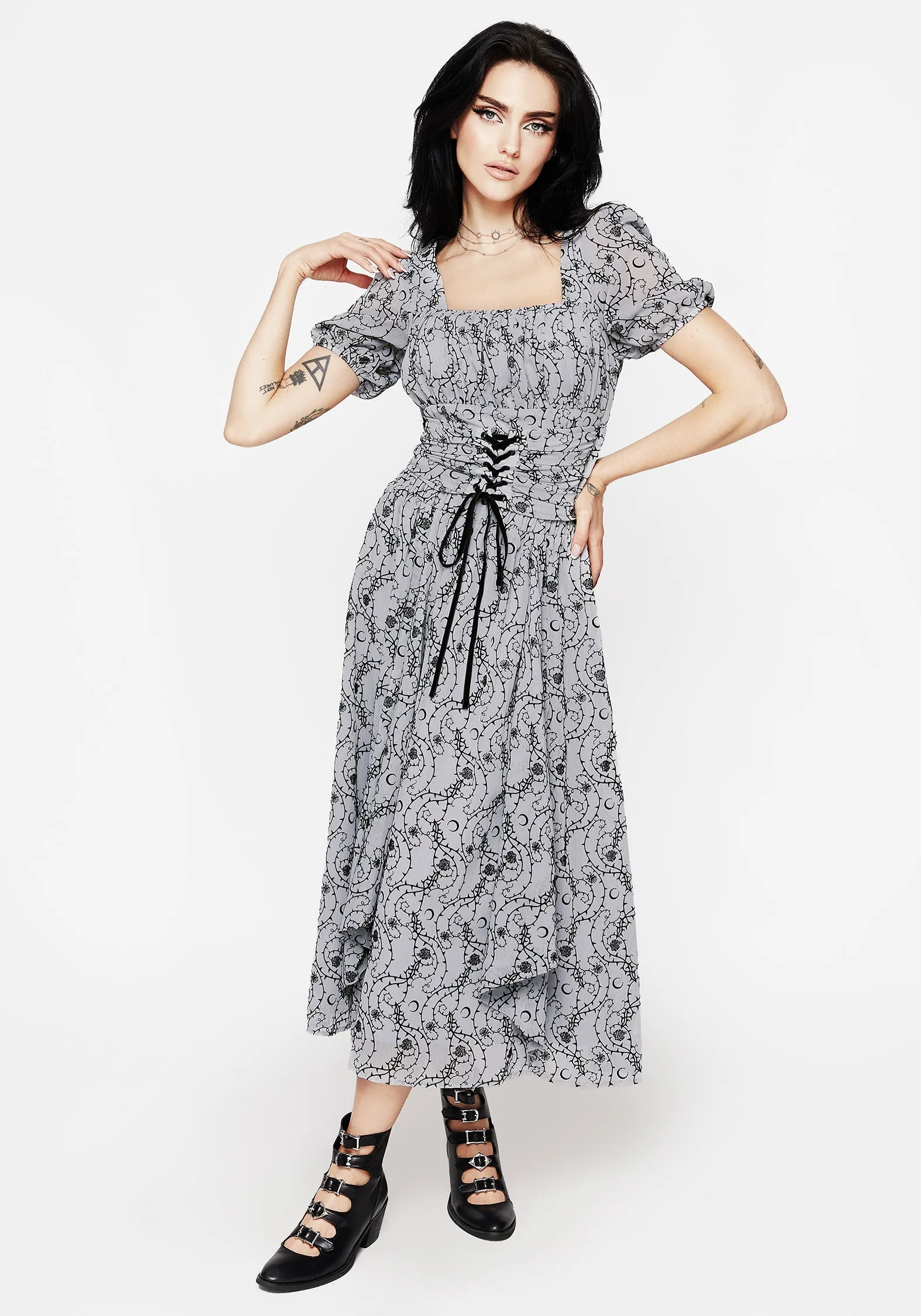 Cozy Vibes Rosethorn Flocked Velour Chiffon Ruffle Midi Skirt - Blue