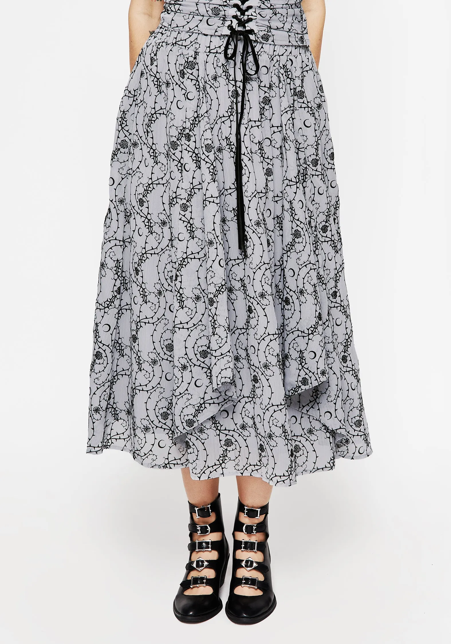 Rosethorn Flocked Velour Chiffon Ruffle Midi Skirt - Blue A Line Silhouette Floral Pattern