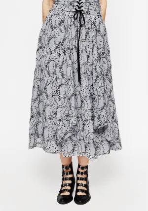 Rosethorn Flocked Velour Chiffon Ruffle Midi Skirt - Blue A Line Silhouette Floral Pattern