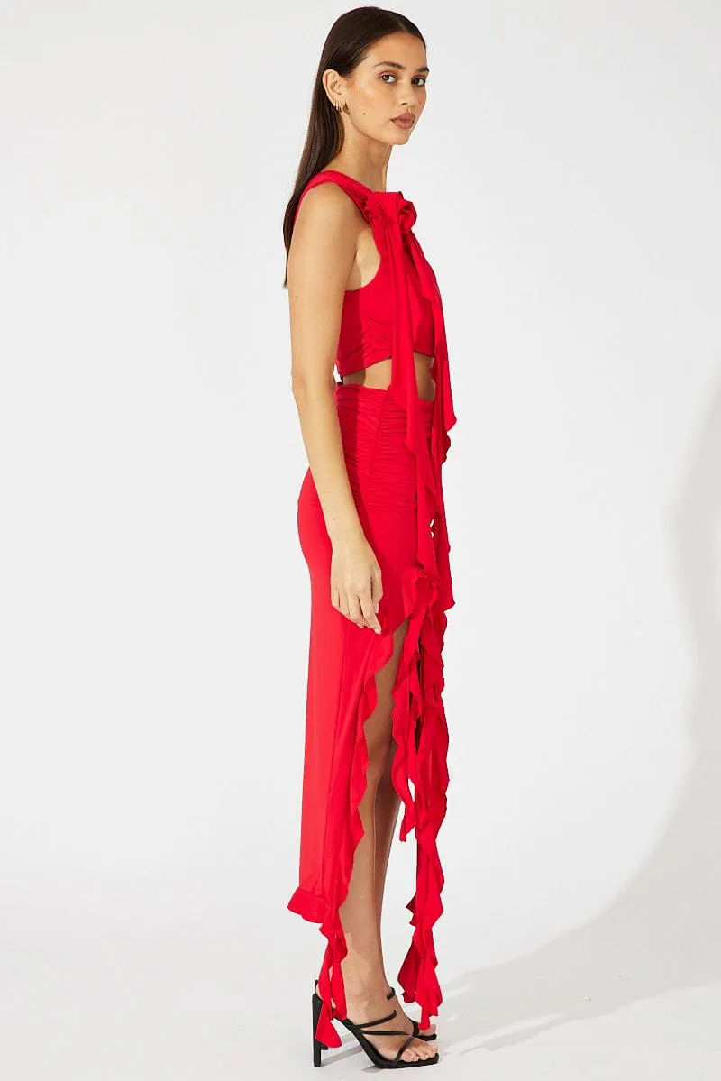 lace accents Red Ruffle Maxi Skirt