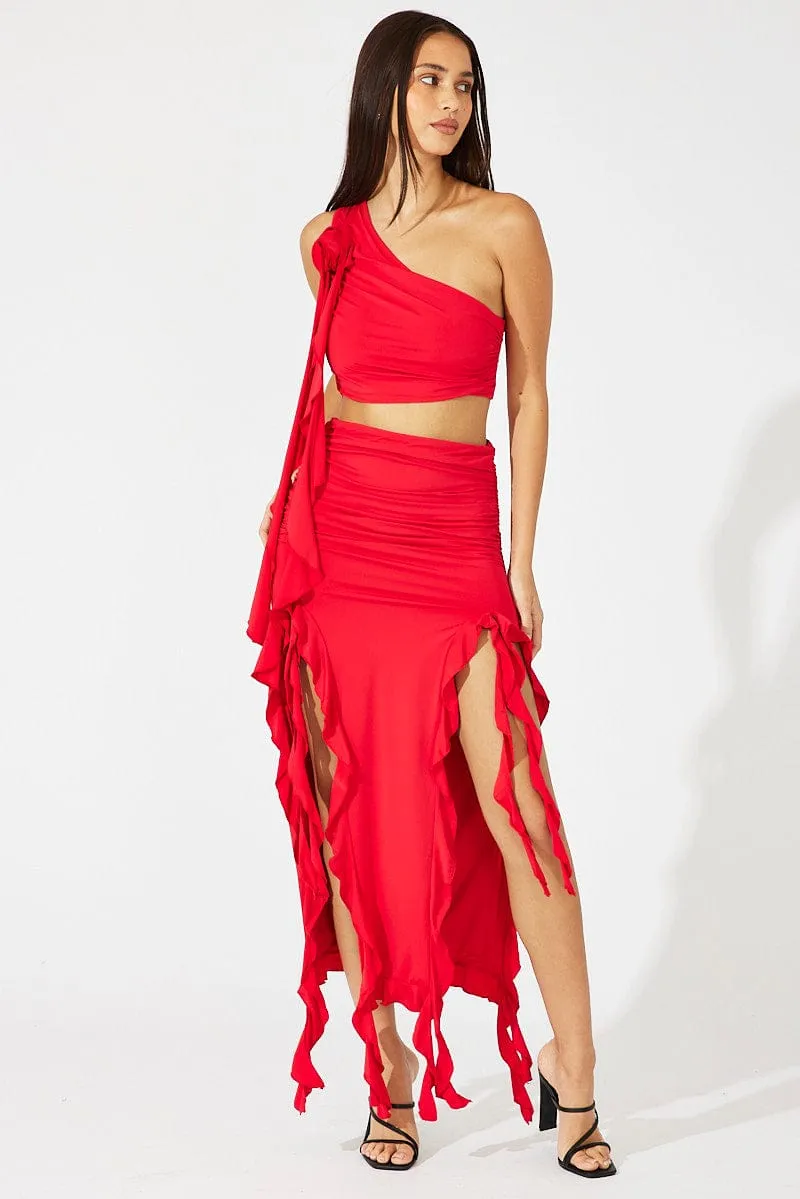 Red Ruffle Maxi Skirt Urban Edge